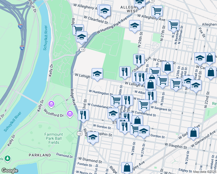 map of restaurants, bars, coffee shops, grocery stores, and more near 2609 North Stanley Street in Philadelphia
