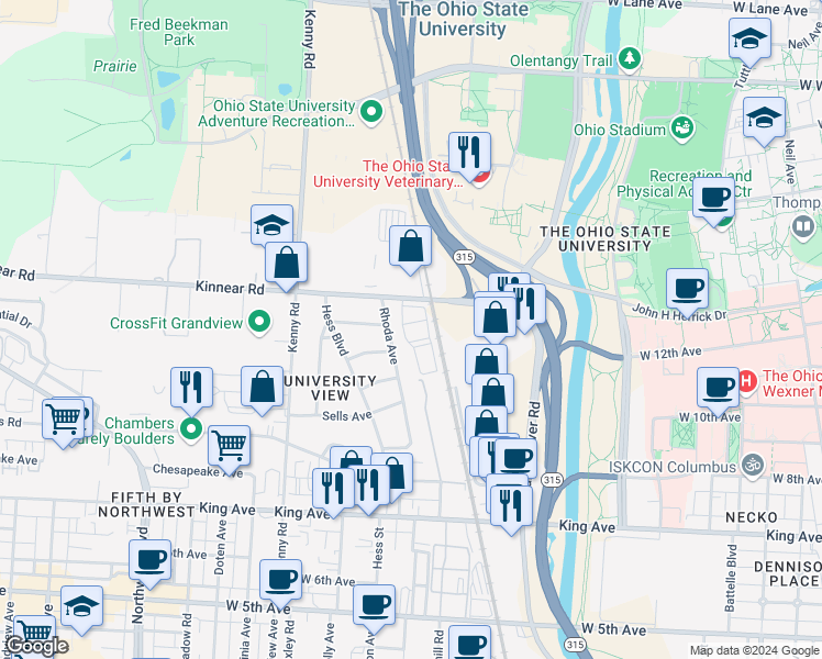 map of restaurants, bars, coffee shops, grocery stores, and more near 1772 Rhoda Avenue in Columbus