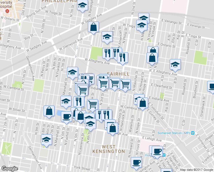 map of restaurants, bars, coffee shops, grocery stores, and more near 257 West Mayfield Street in Philadelphia
