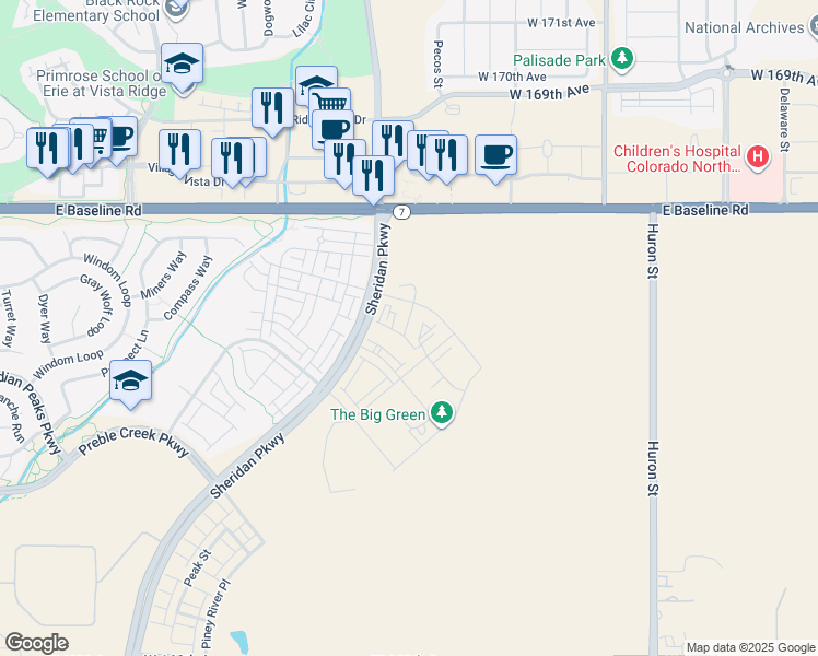 map of restaurants, bars, coffee shops, grocery stores, and more near 16380-16746 Sheridan Parkway in Broomfield