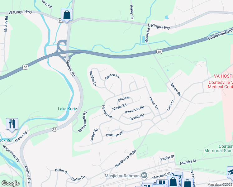 map of restaurants, bars, coffee shops, grocery stores, and more near 101 Gaston Lane in Coatesville