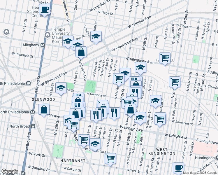 map of restaurants, bars, coffee shops, grocery stores, and more near 2906 North Franklin Street in Philadelphia