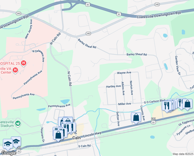 map of restaurants, bars, coffee shops, grocery stores, and more near 213 Katherine Lane in Coatesville