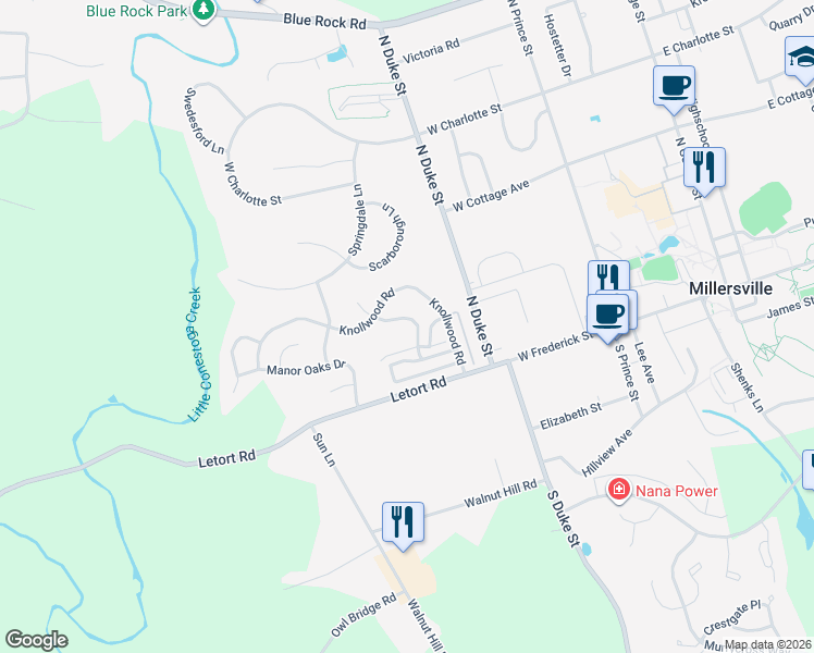 map of restaurants, bars, coffee shops, grocery stores, and more near 199 Cartledge Lane in Millersville