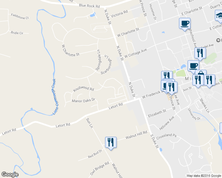 map of restaurants, bars, coffee shops, grocery stores, and more near 124 Bradford Street in Millersville