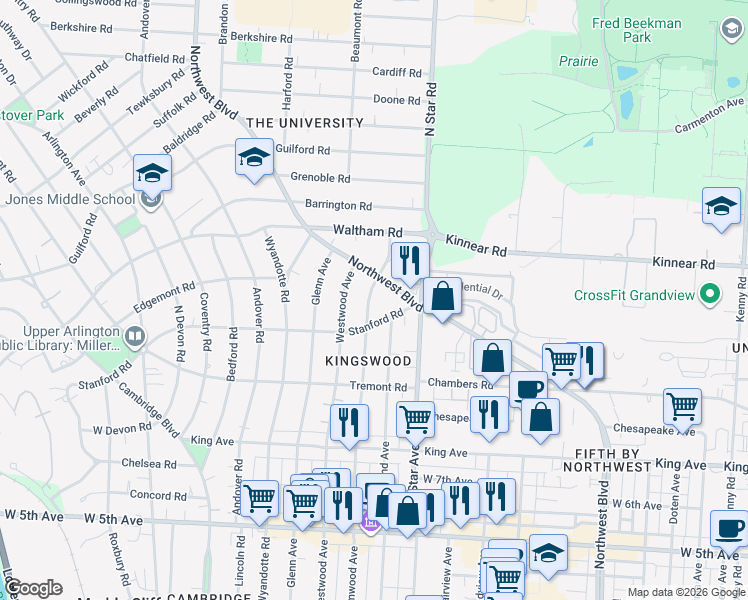 map of restaurants, bars, coffee shops, grocery stores, and more near 1900 Elmwood Avenue in Columbus