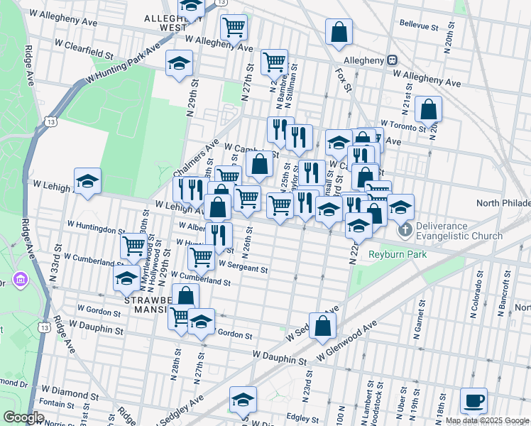 map of restaurants, bars, coffee shops, grocery stores, and more near 2530 W Sterner St in Philadelphia