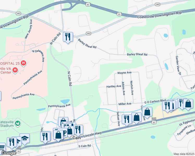 map of restaurants, bars, coffee shops, grocery stores, and more near 213 Katherine Lane in Coatesville
