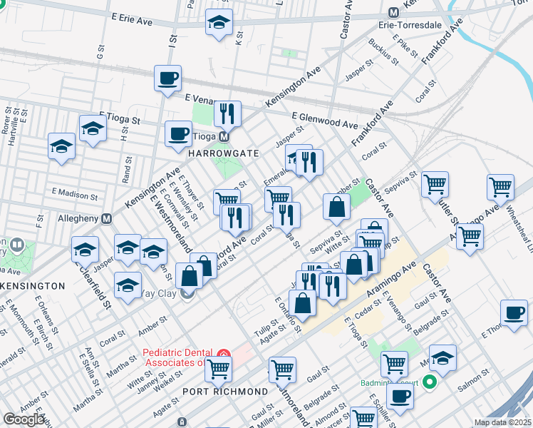 map of restaurants, bars, coffee shops, grocery stores, and more near 3462 Frankford Avenue in Philadelphia