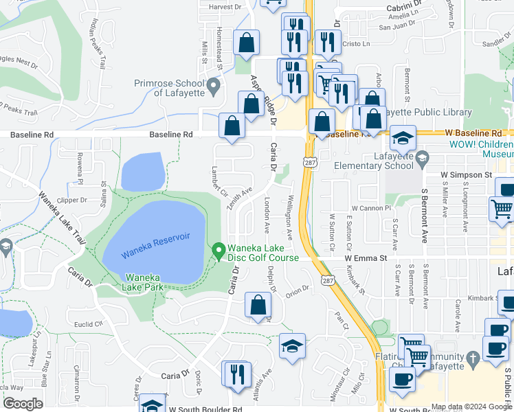 map of restaurants, bars, coffee shops, grocery stores, and more near 310 Mercator Avenue in Lafayette