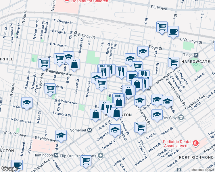 map of restaurants, bars, coffee shops, grocery stores, and more near 3146 E Street in Philadelphia