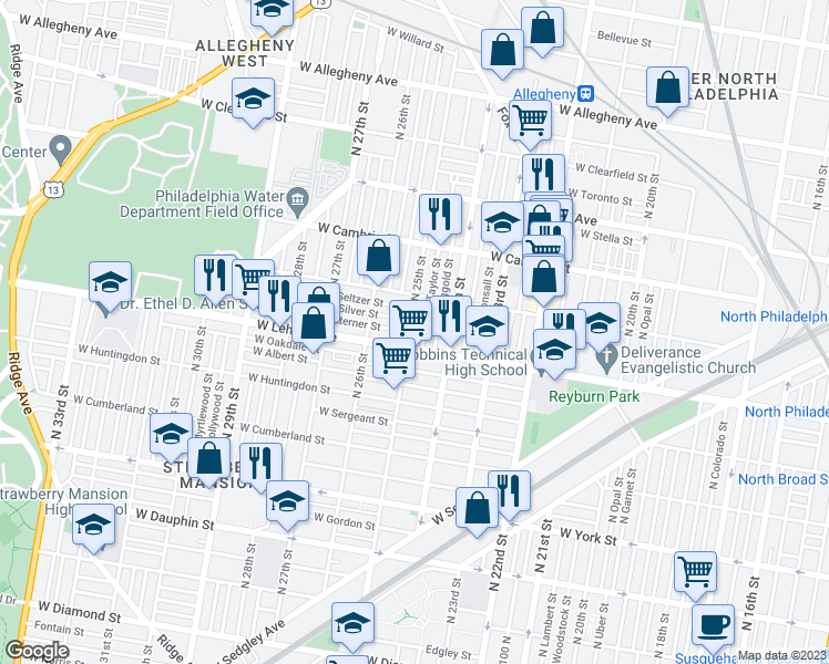 map of restaurants, bars, coffee shops, grocery stores, and more near 2719 North 25th Street in Philadelphia