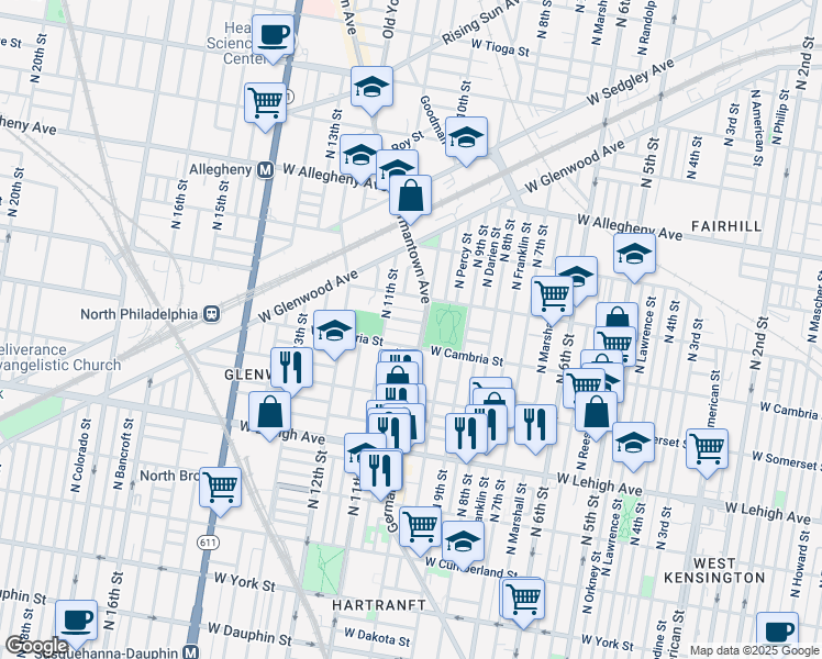 map of restaurants, bars, coffee shops, grocery stores, and more near 1013 West Monmouth Street in Philadelphia