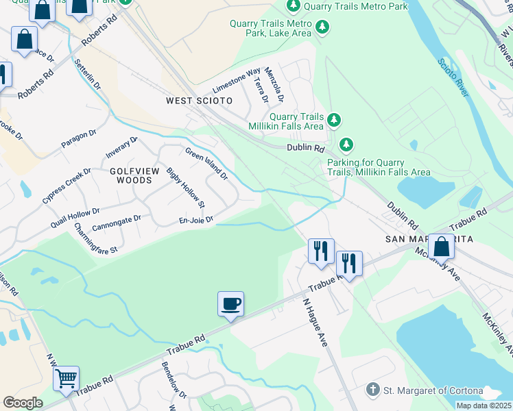 map of restaurants, bars, coffee shops, grocery stores, and more near 3333 Thunderbird Court in Columbus