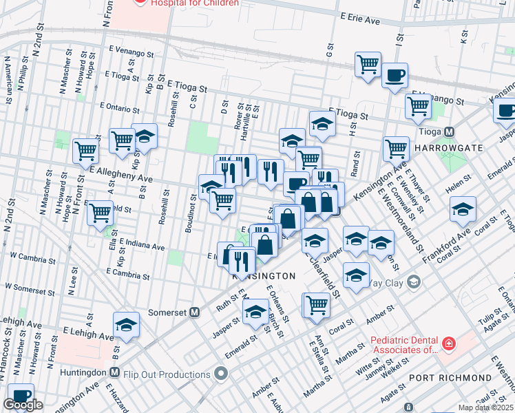 map of restaurants, bars, coffee shops, grocery stores, and more near 639 East Wishart Street in Philadelphia