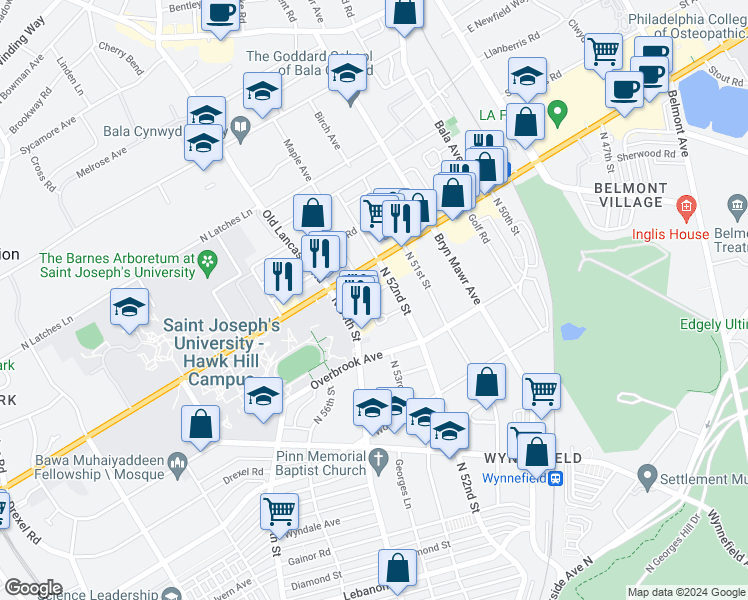 map of restaurants, bars, coffee shops, grocery stores, and more near 5222 Church Road in Philadelphia