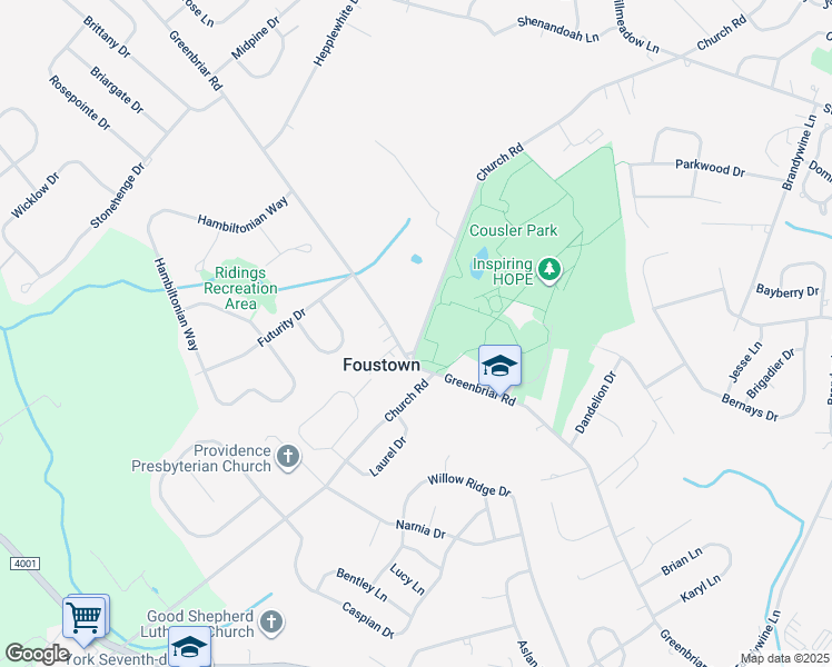 map of restaurants, bars, coffee shops, grocery stores, and more near 1095 Church Road in York