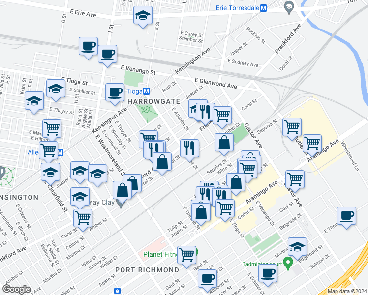 map of restaurants, bars, coffee shops, grocery stores, and more near 3501 Frankford Avenue in Philadelphia