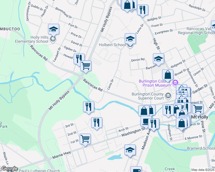 map of restaurants, bars, coffee shops, grocery stores, and more near 251 Rancocas Road in Mount Holly