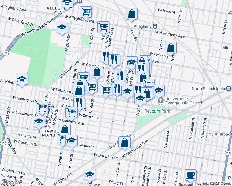 map of restaurants, bars, coffee shops, grocery stores, and more near 2726 North 24th Street in Philadelphia