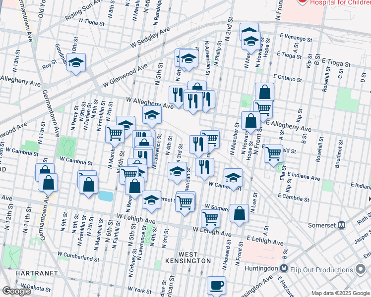 map of restaurants, bars, coffee shops, grocery stores, and more near 257 West Mayfield Street in Philadelphia