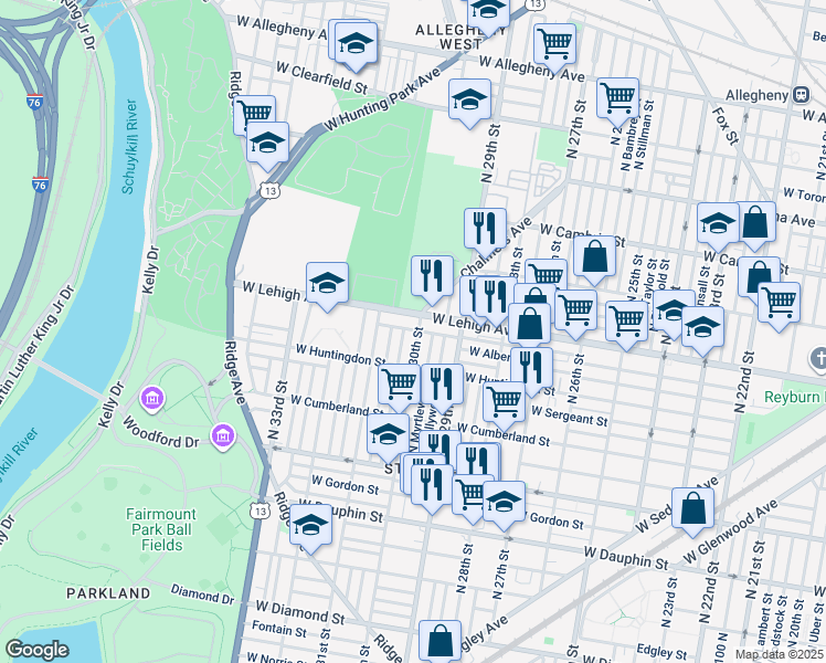 map of restaurants, bars, coffee shops, grocery stores, and more near 2646 North 30th Street in Philadelphia