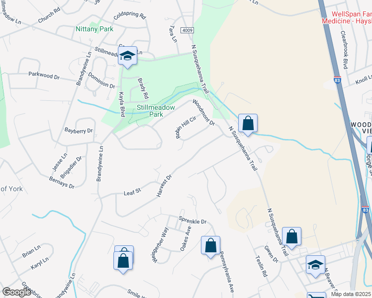 map of restaurants, bars, coffee shops, grocery stores, and more near 525 Harvest Drive in York