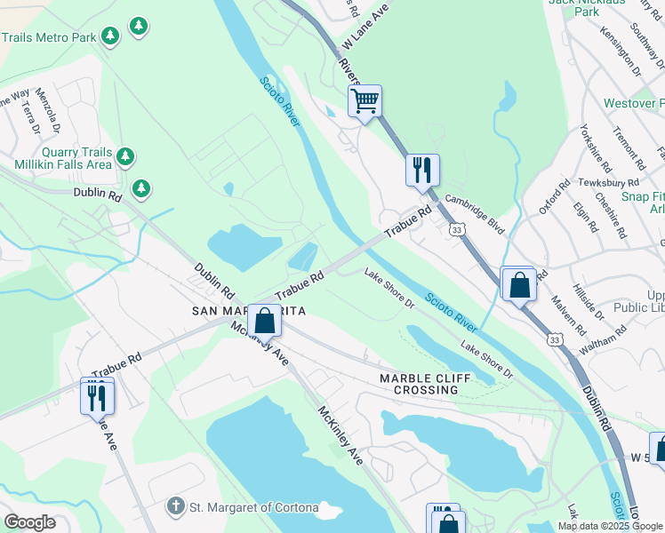 map of restaurants, bars, coffee shops, grocery stores, and more near 3190 Trabue Road in Columbus