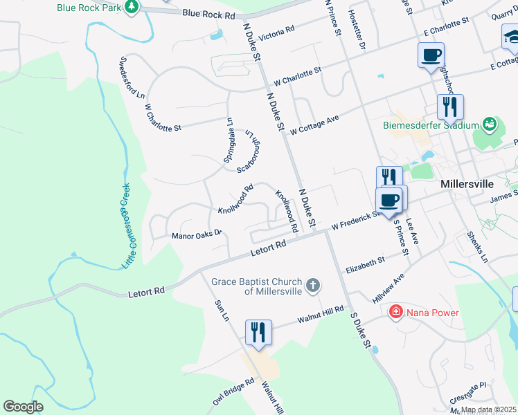 map of restaurants, bars, coffee shops, grocery stores, and more near 124 Bradford Street in Millersville