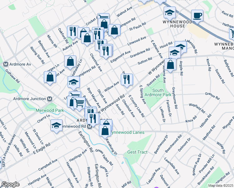 map of restaurants, bars, coffee shops, grocery stores, and more near 2414 Chestnut Avenue in Ardmore