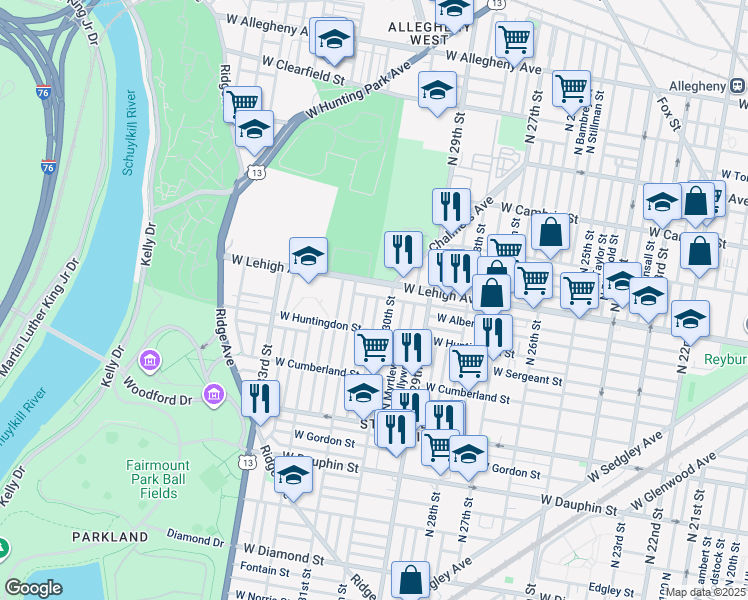 map of restaurants, bars, coffee shops, grocery stores, and more near 2648 North Corlies Street in Philadelphia