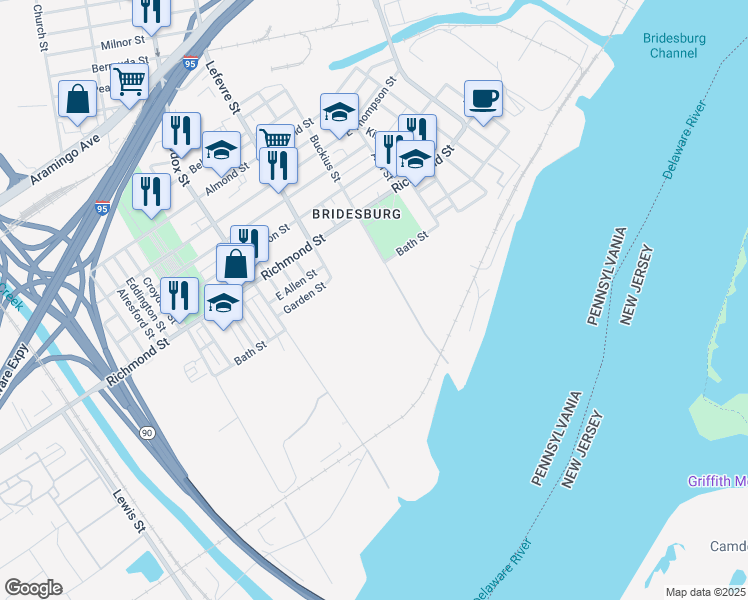 map of restaurants, bars, coffee shops, grocery stores, and more near 4501 Richmond Street in Philadelphia
