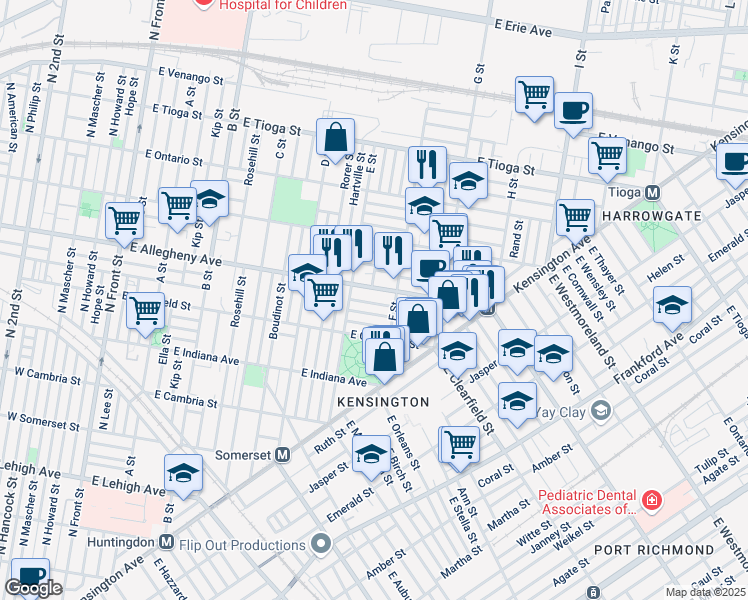 map of restaurants, bars, coffee shops, grocery stores, and more near 639 East Wishart Street in Philadelphia