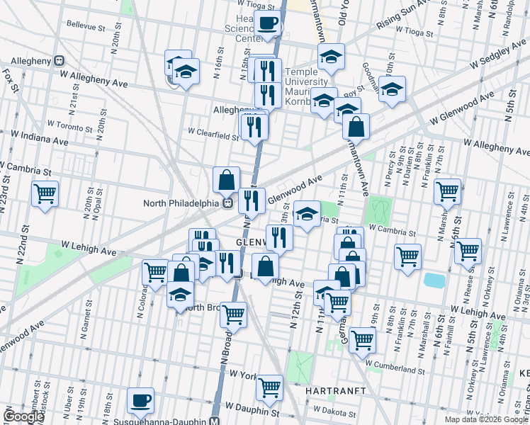 map of restaurants, bars, coffee shops, grocery stores, and more near 1332 West Cambria Street in Philadelphia