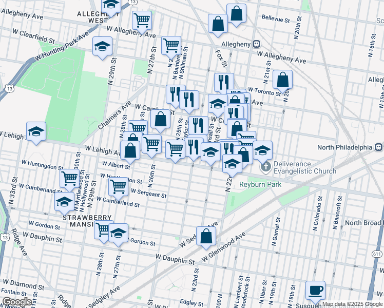 map of restaurants, bars, coffee shops, grocery stores, and more near 2728 North 24th Street in Philadelphia