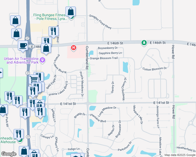 map of restaurants, bars, coffee shops, grocery stores, and more near 14362 Worthington Boulevard in Fishers