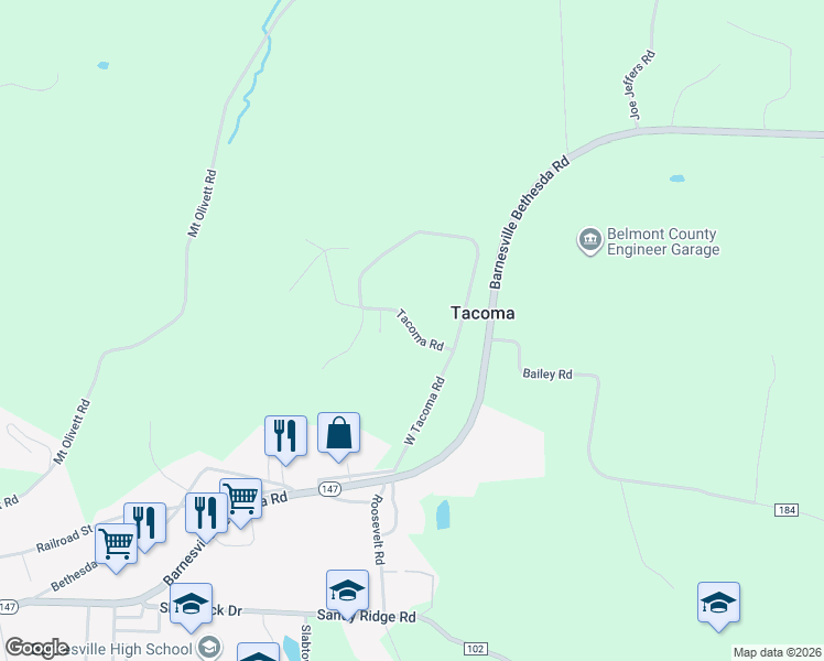 map of restaurants, bars, coffee shops, grocery stores, and more near 62120 Tacoma Road in Barnesville
