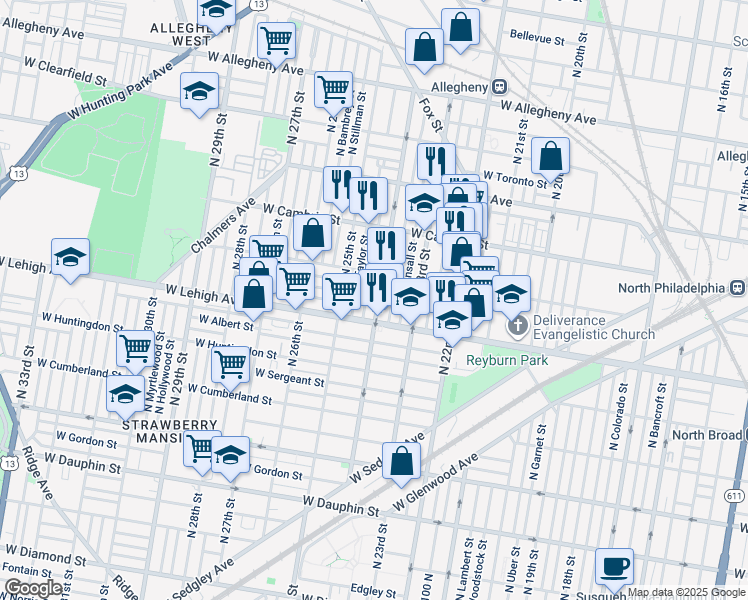 map of restaurants, bars, coffee shops, grocery stores, and more near 2728 North 24th Street in Philadelphia