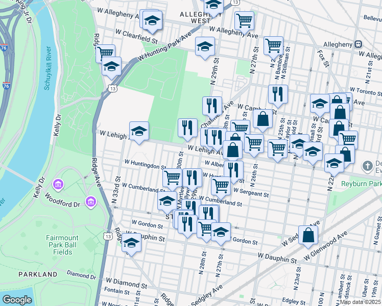 map of restaurants, bars, coffee shops, grocery stores, and more near 2927 West Oakdale Street in Philadelphia