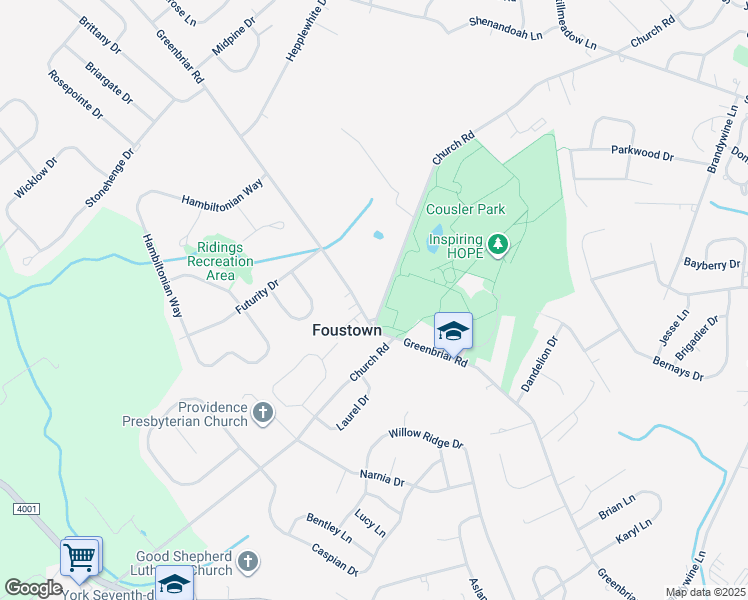 map of restaurants, bars, coffee shops, grocery stores, and more near 1095 Church Road in York