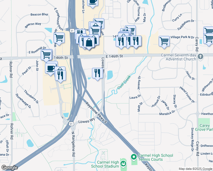 map of restaurants, bars, coffee shops, grocery stores, and more near 14461 Dublin Drive in Carmel
