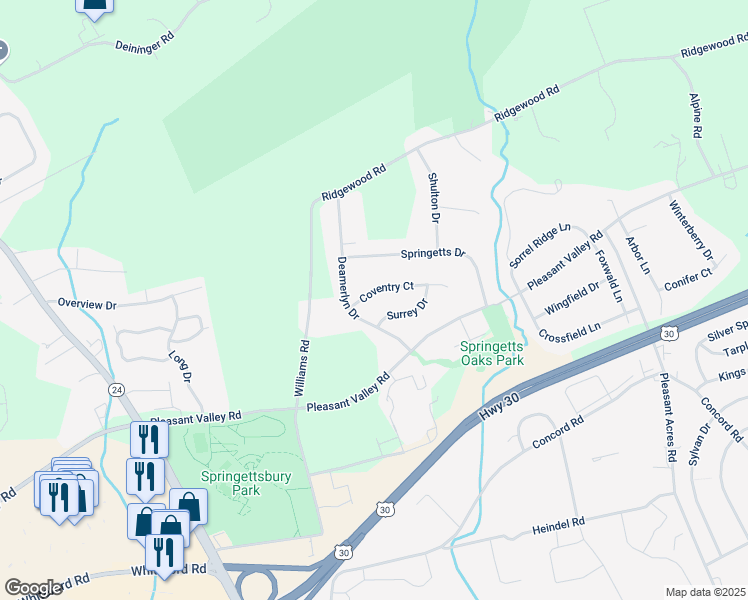 map of restaurants, bars, coffee shops, grocery stores, and more near 3619 Coventry Court in York