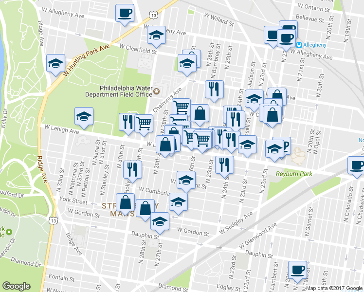 map of restaurants, bars, coffee shops, grocery stores, and more near 2637 West Lehigh Avenue in Philadelphia