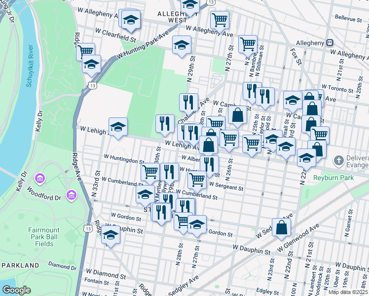 map of restaurants, bars, coffee shops, grocery stores, and more near 2834 West Lehigh Avenue in Philadelphia