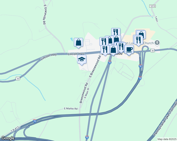 map of restaurants, bars, coffee shops, grocery stores, and more near 133 North Main Street in Breezewood