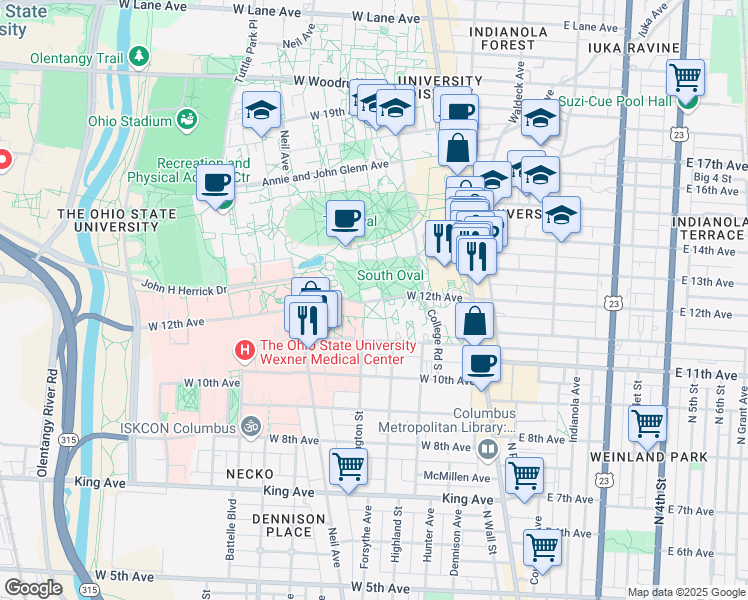 map of restaurants, bars, coffee shops, grocery stores, and more near 154 West 12th Avenue in Columbus