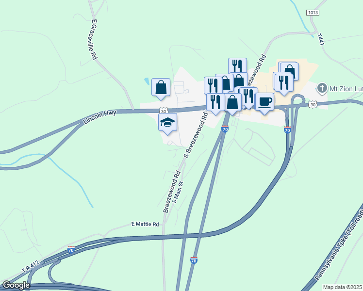 map of restaurants, bars, coffee shops, grocery stores, and more near 133 North Main Street in Breezewood