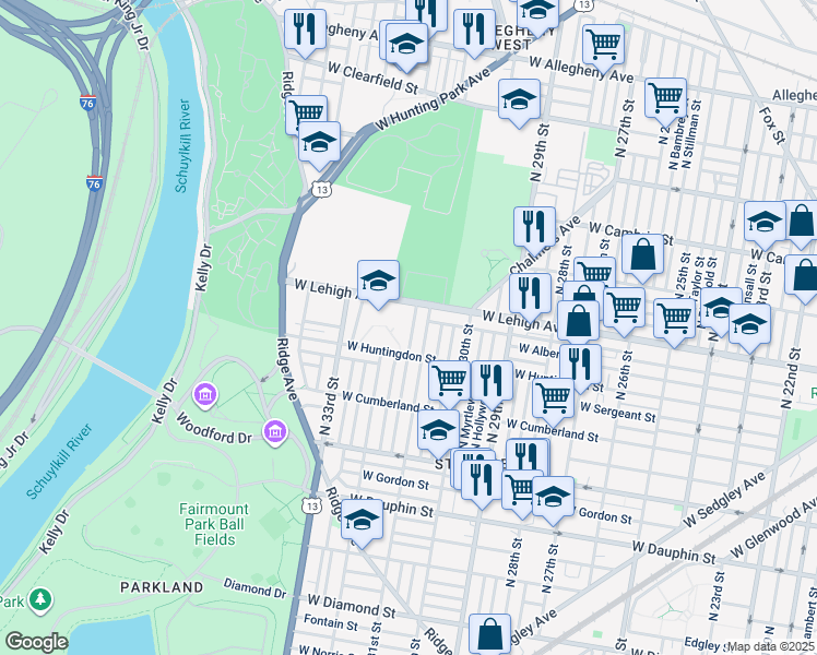 map of restaurants, bars, coffee shops, grocery stores, and more near 2638 North Napa Street in Philadelphia