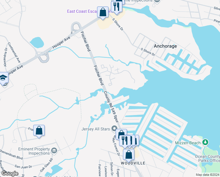 map of restaurants, bars, coffee shops, grocery stores, and more near 2316 Waters Edge Drive in Toms River