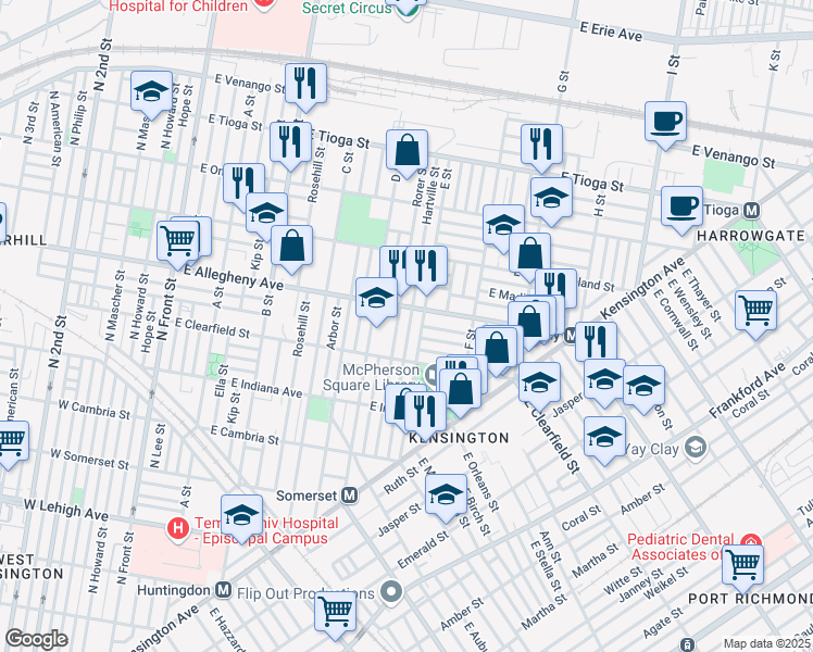 map of restaurants, bars, coffee shops, grocery stores, and more near 3146 Hartville Street in Philadelphia